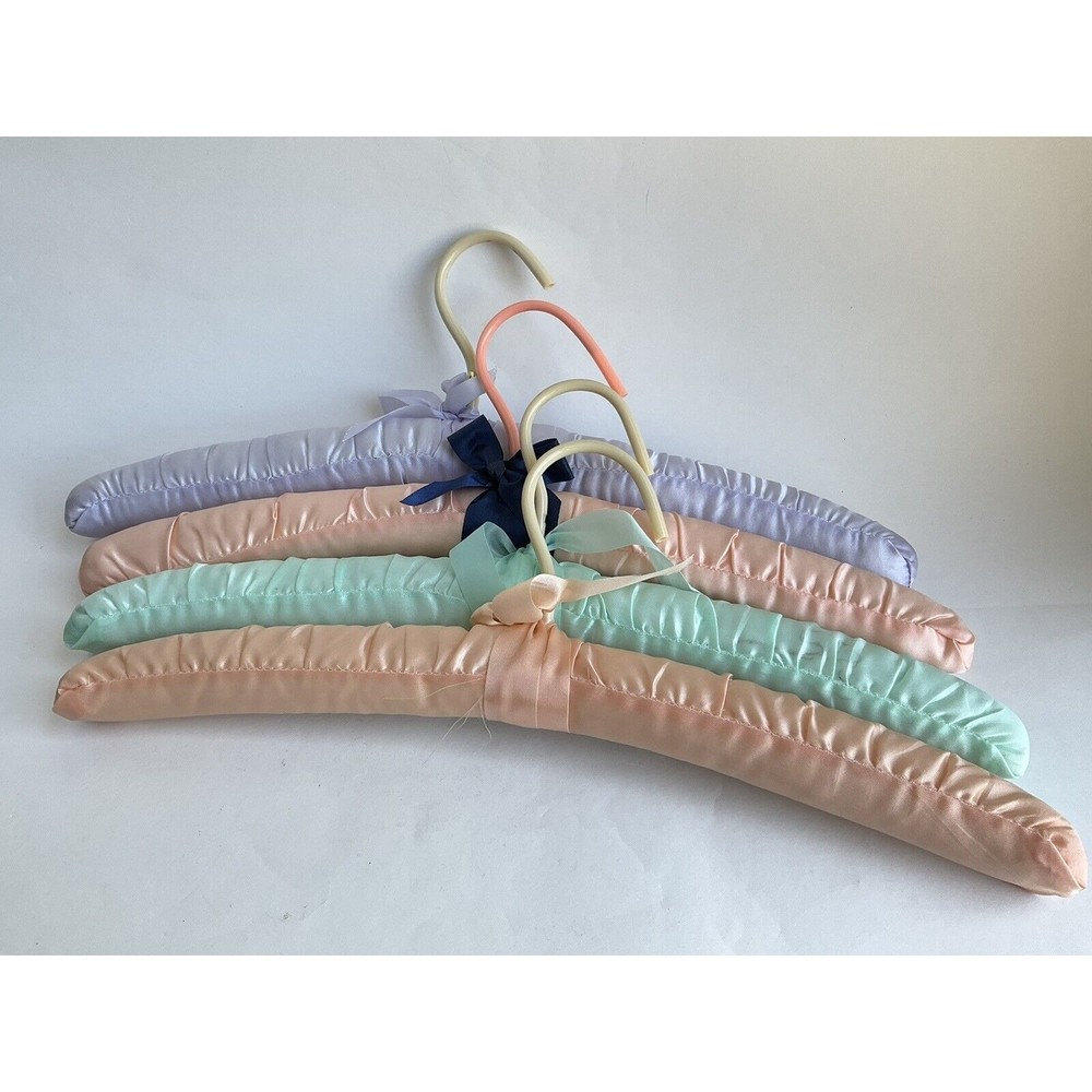 Vtg 4 Satin Padded Clothes Hangers w/ Clips MULTI COLORS 15.5"